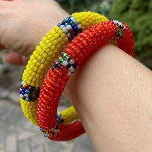 🌷3 for$25🌷2 African Style Beaded Orange & Yellow Bangle Seed Bead Bracelet